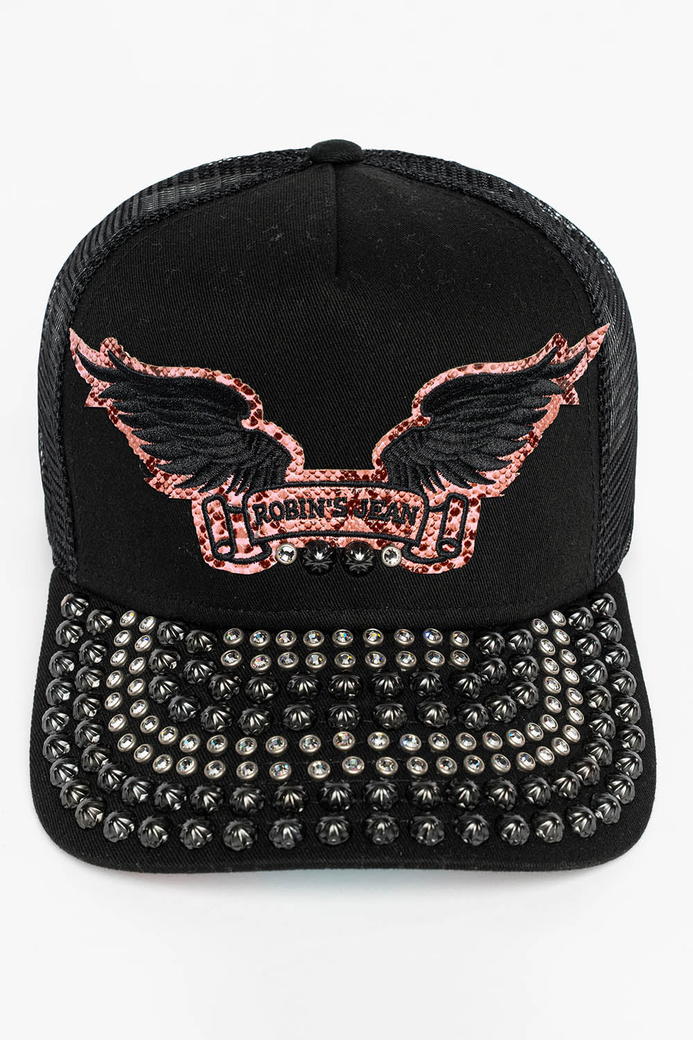 BLACK/SALMOM TRUCKER HAT WITH ROBIN’S SIGNATURE WING LOGO WITH EMBELLISHMENT
