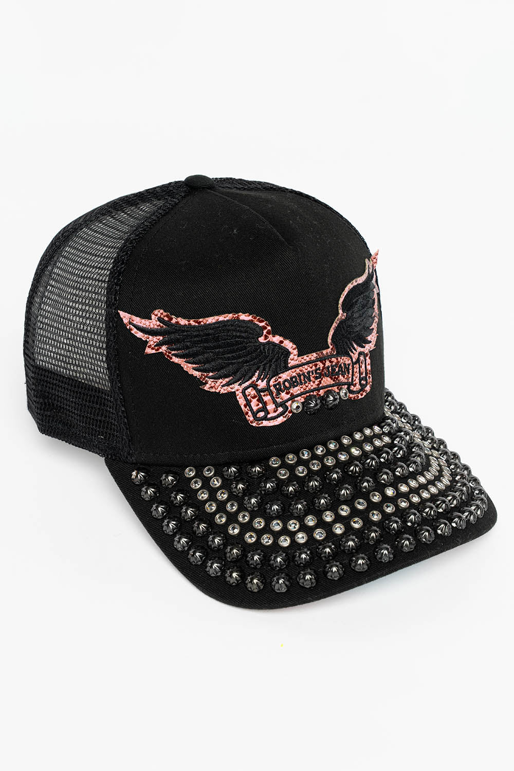 BLACK/SALMOM TRUCKER HAT WITH ROBIN’S SIGNATURE WING LOGO WITH EMBELLISHMENT