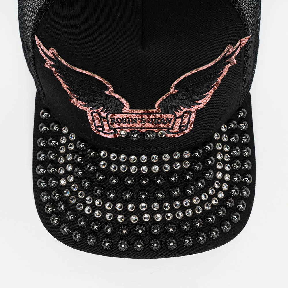 BLACK/SALMOM TRUCKER HAT WITH ROBIN’S SIGNATURE WING LOGO WITH EMBELLISHMENT