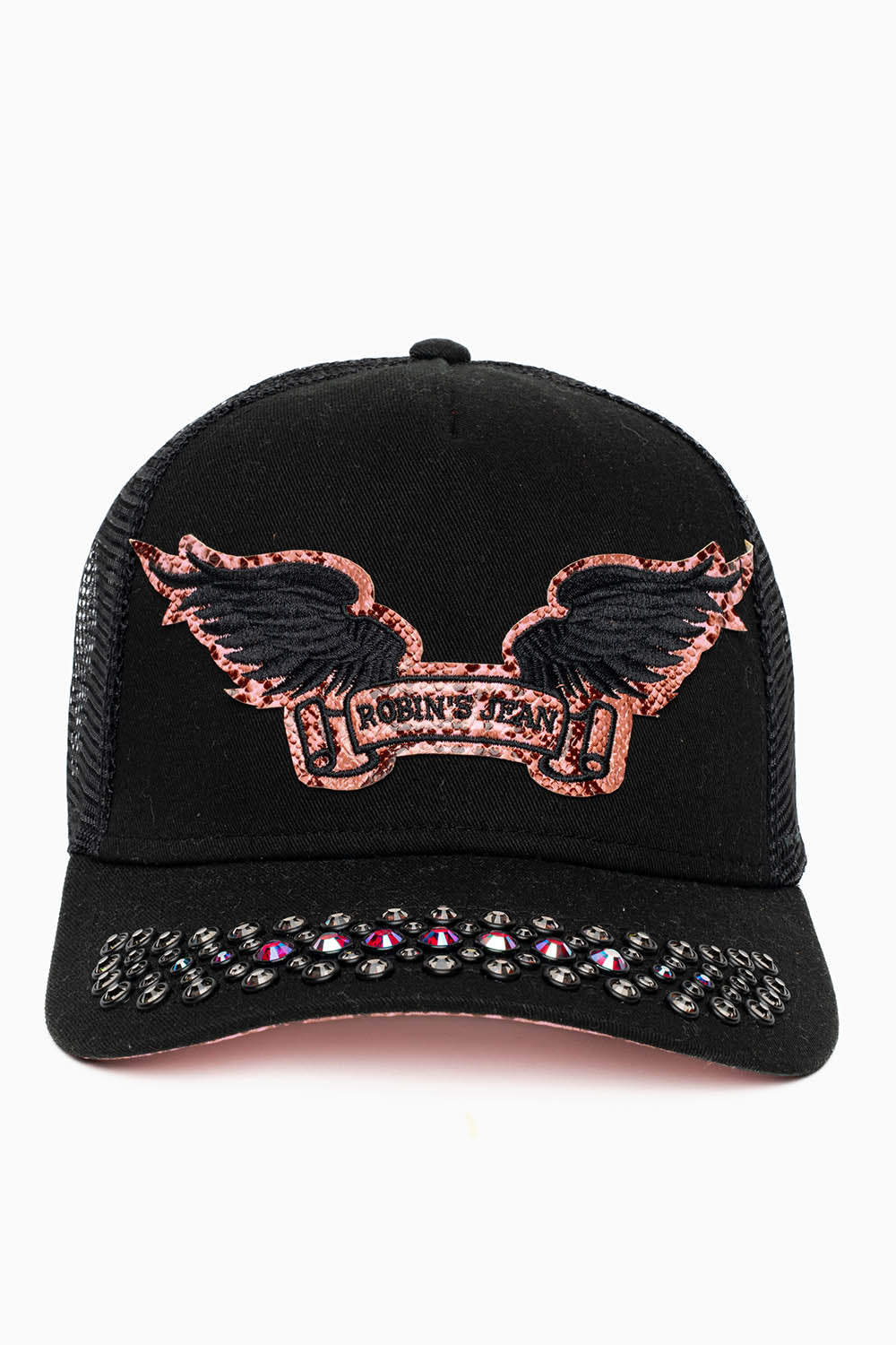 BLACK/SALMOM TRUCKER HAT WITH ROBIN’S SIGNATURE WING LOGO WITH RED AND BLK DIAMOND EMBELLISHMENT