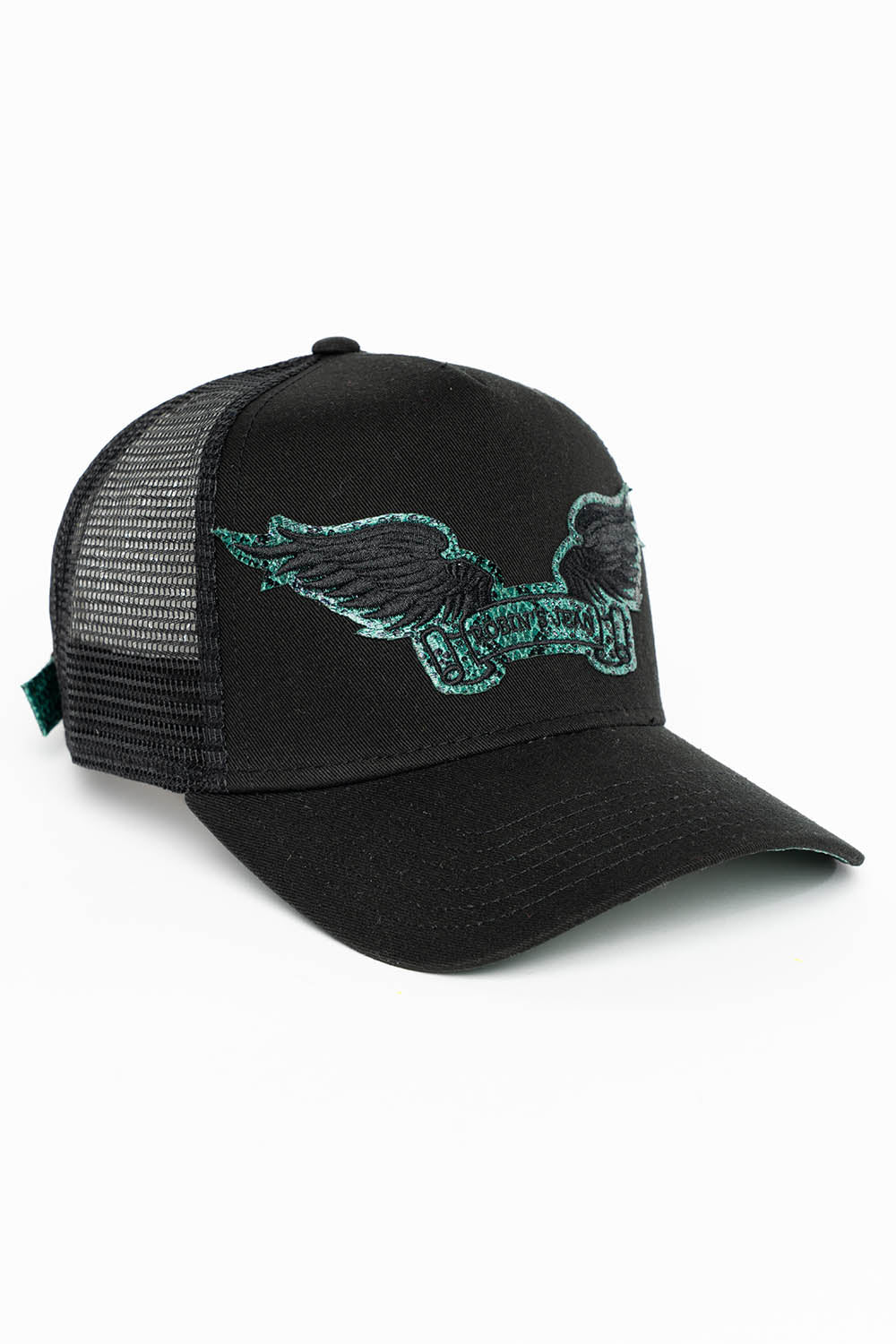 BLACK TRUCKER HAT WITH ROBIN’S SIGNATURE WING LOGO IN GREEN PYTHON
