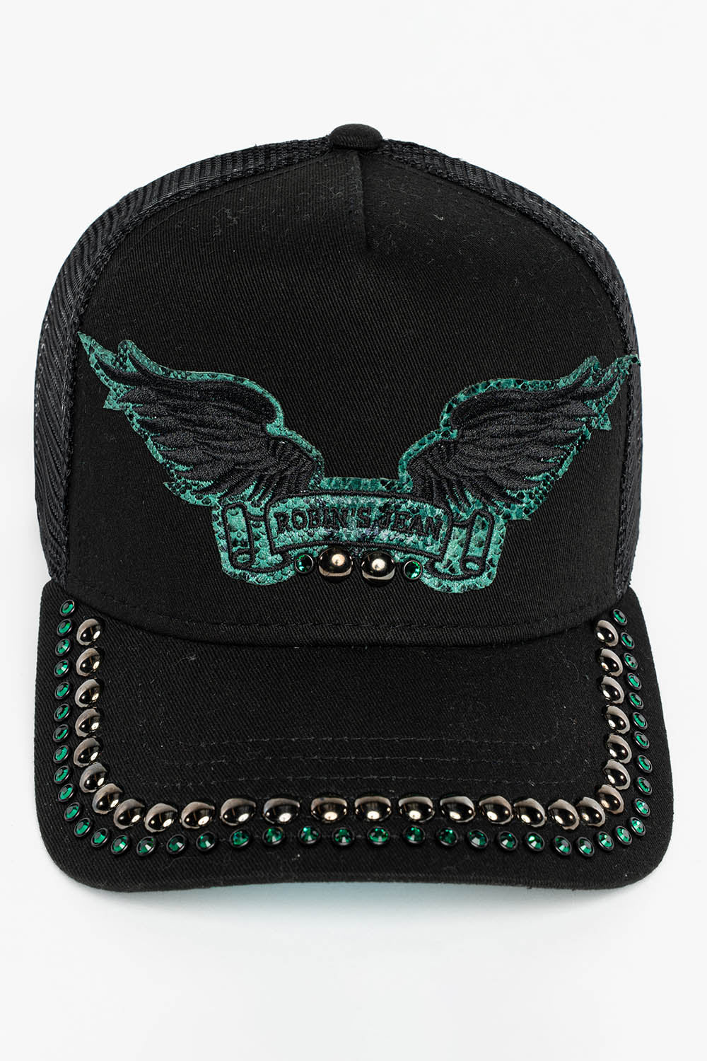 BLACK TRUCKER HAT WITH ROBIN’S SIGNATURE WING LOGO IN GREEN PYTHON WITH EMBALISHMENT