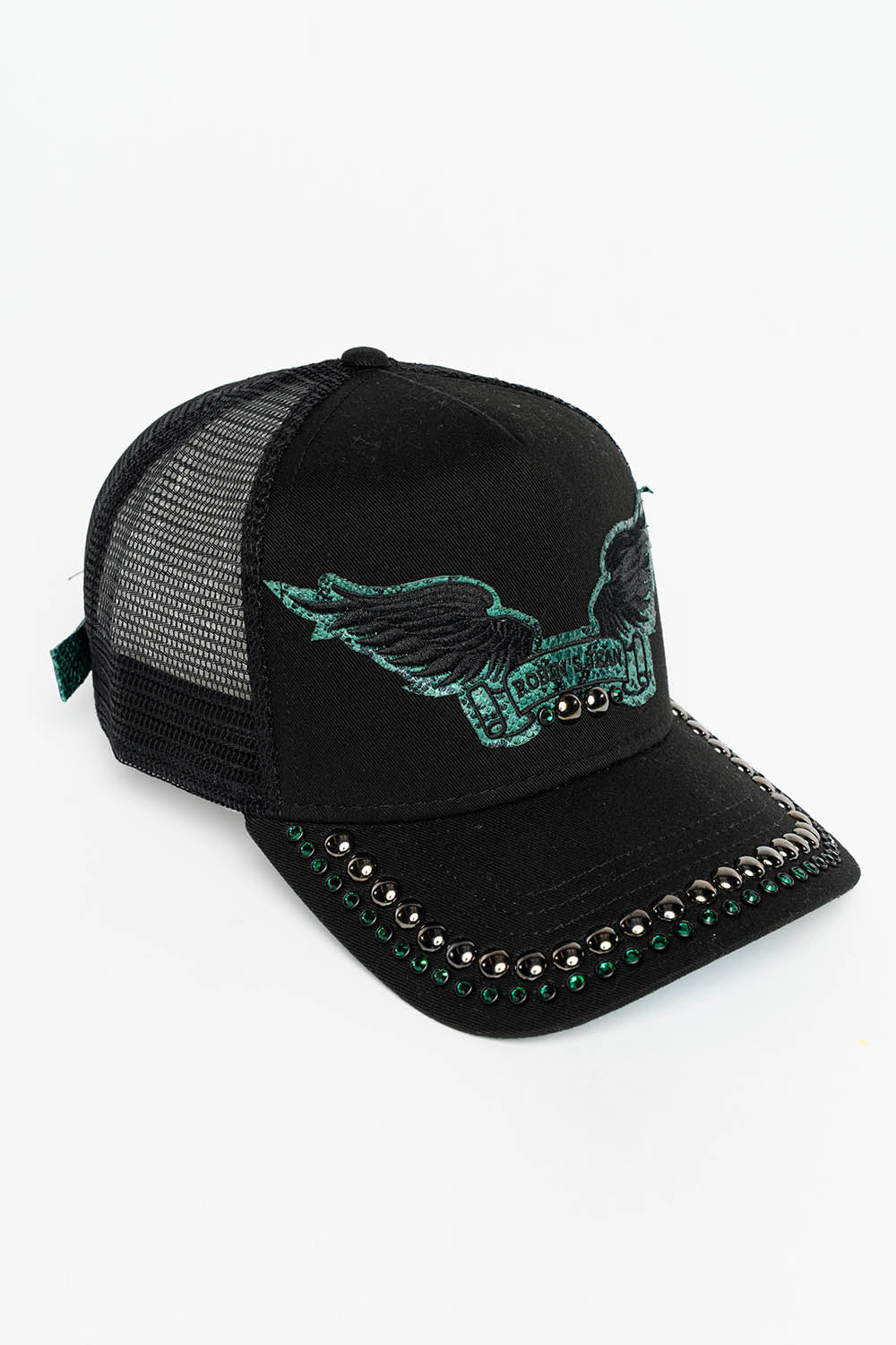 BLACK TRUCKER HAT WITH ROBIN’S SIGNATURE WING LOGO IN GREEN PYTHON WITH EMBALISHMENT