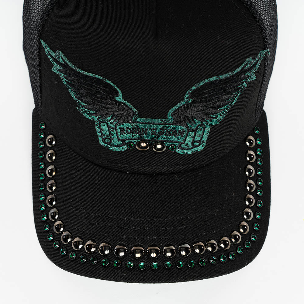 BLACK TRUCKER HAT WITH ROBIN’S SIGNATURE WING LOGO IN GREEN PYTHON WITH EMBALISHMENT