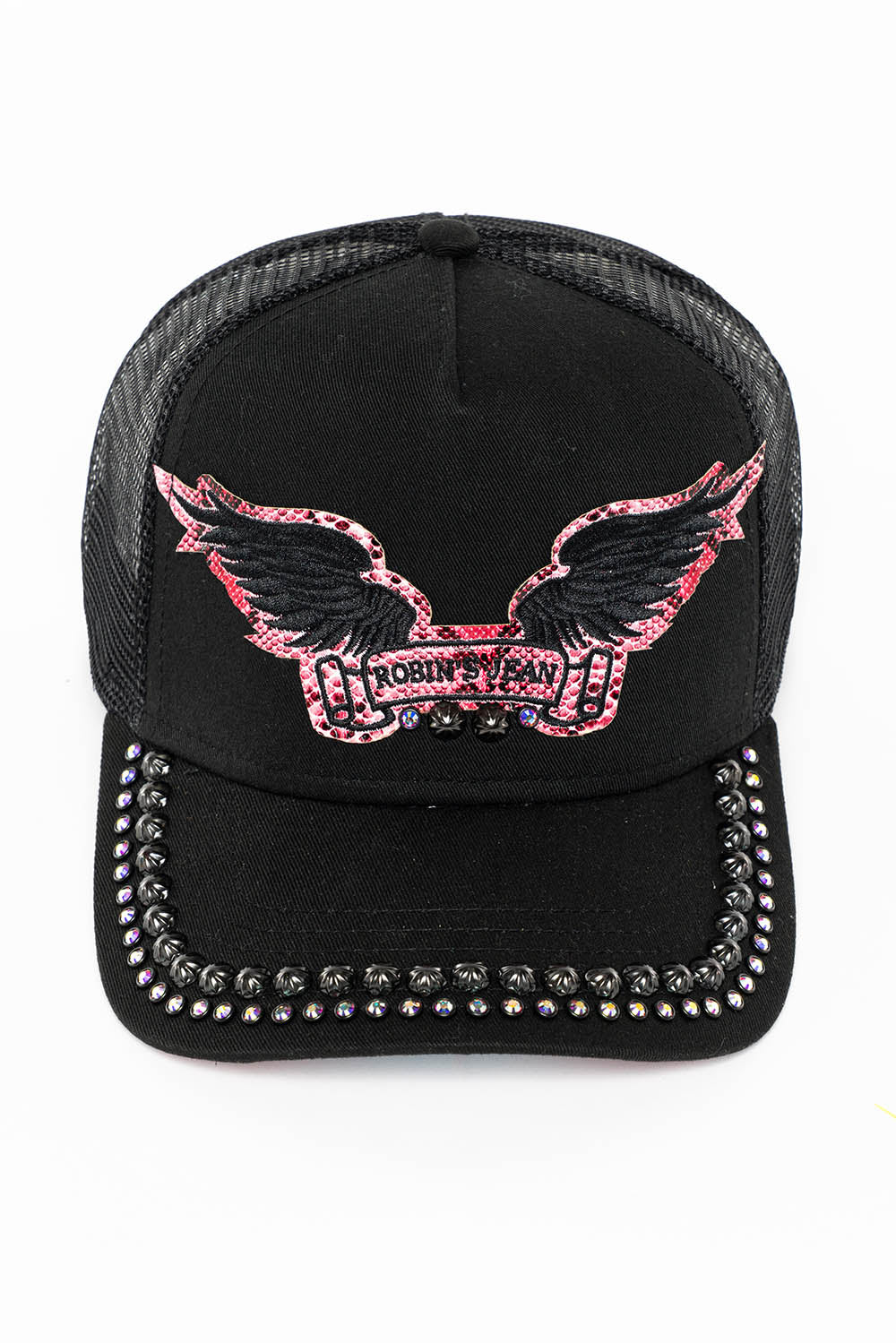 BLACK TRUCKER HAT WITH ROBIN’S SIGNATURE WING LOGO IN SALMON PYTHON WITH STUDS AND CRYSTALS
