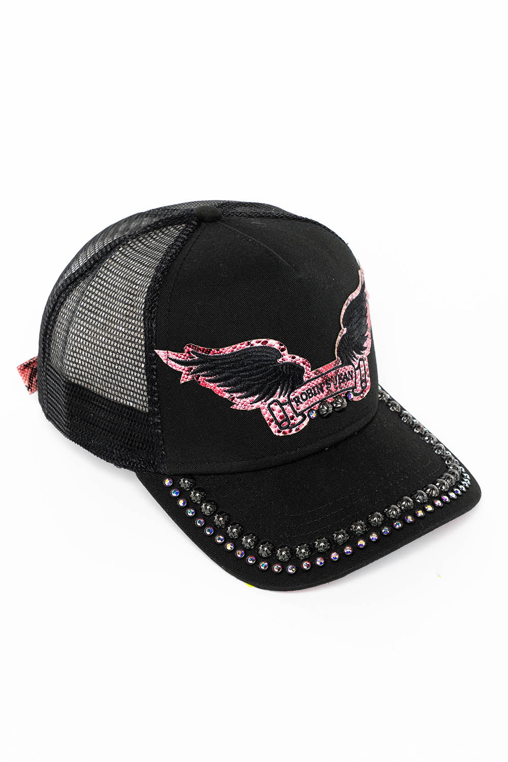 BLACK TRUCKER HAT WITH ROBIN’S SIGNATURE WING LOGO IN SALMON PYTHON WITH STUDS AND CRYSTALS