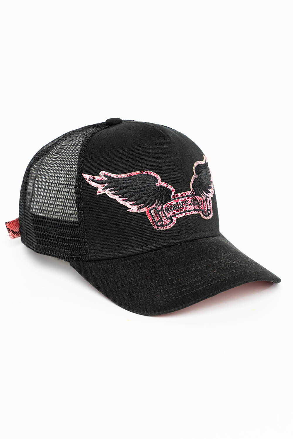 BLACK TRUCKER HAT WITH ROBIN’S SIGNATURE WING LOGO IN HOT PINK PYTHON