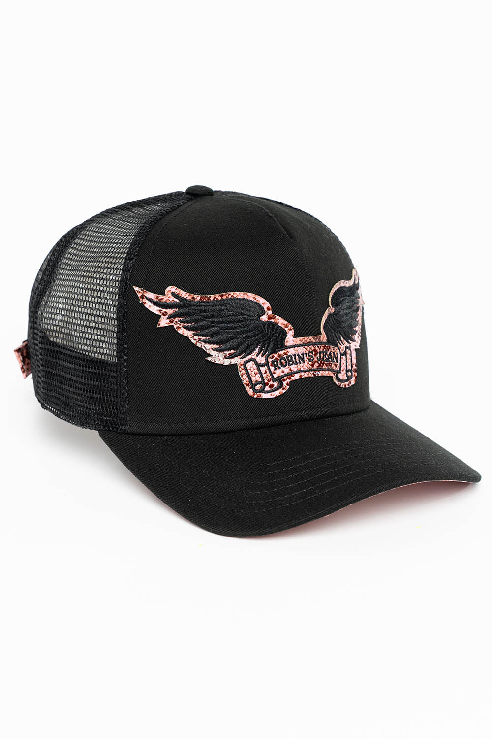 BLACK TRUCKER HAT WITH ROBIN’S SIGNATURE WING LOGO IN SALMON PYTHON