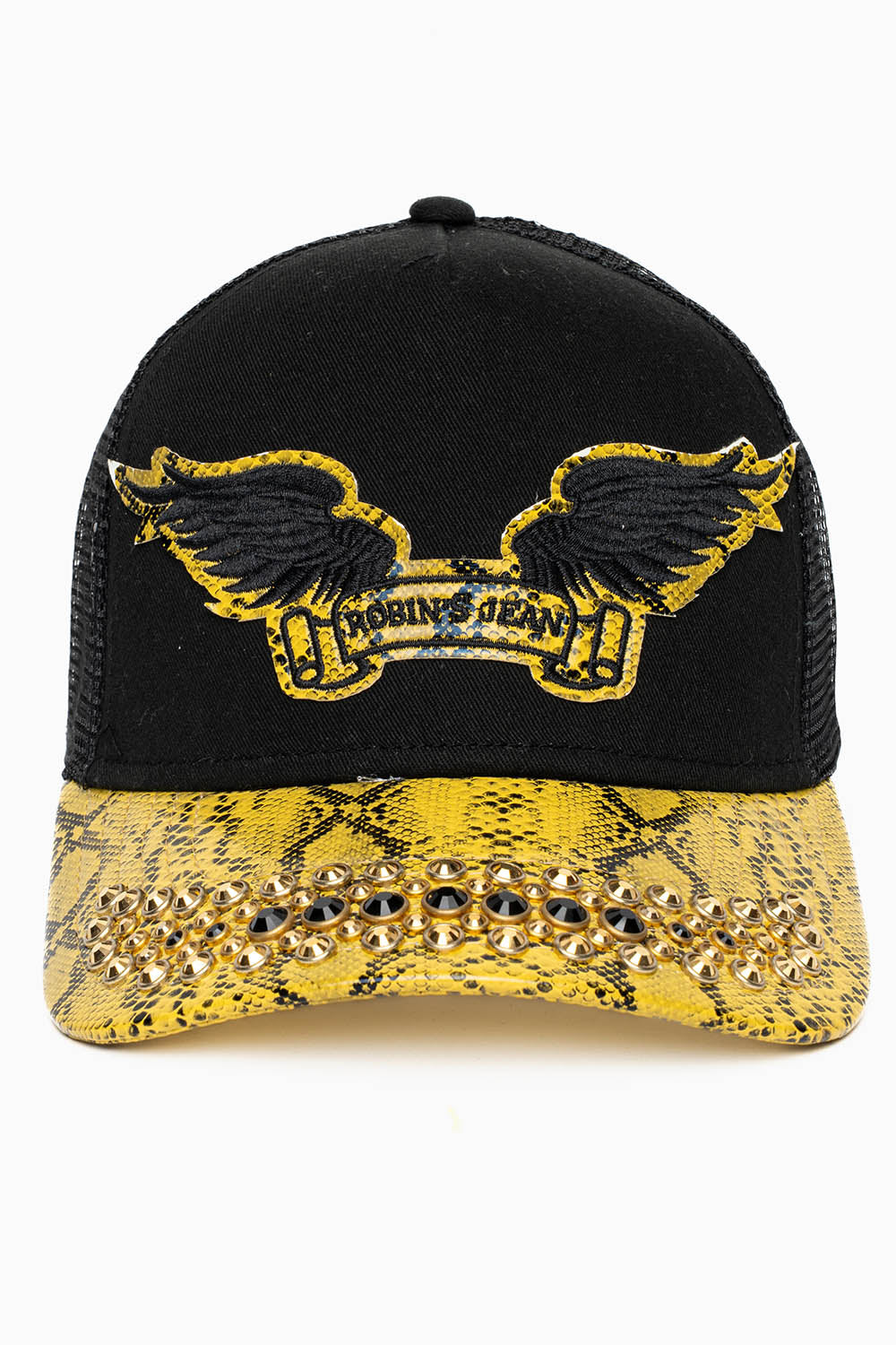 BLK/YELLOW CITRIN PYTHON TRUCKER HAT WITH JET BLK AND AURUM CRYSTAL EMBELLISHMENT