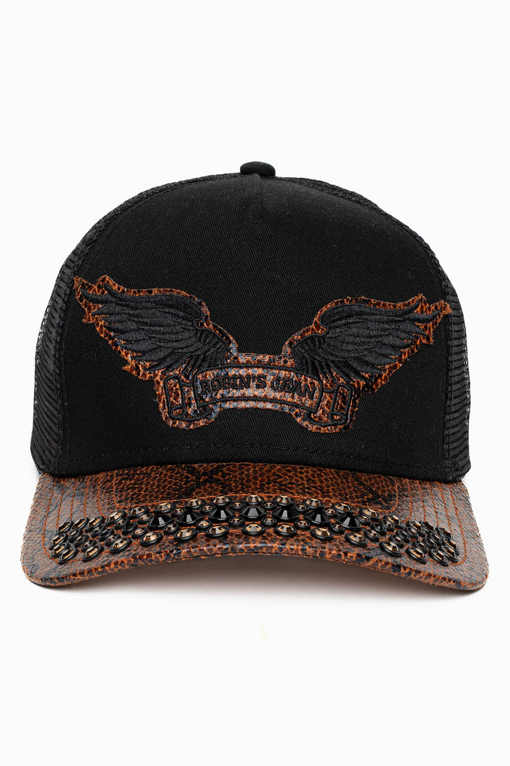 BLK/BROWN PYTHON TRUCKER HAT WITH JET BLK AND SMOKY TOPAZ CRYSTALS
