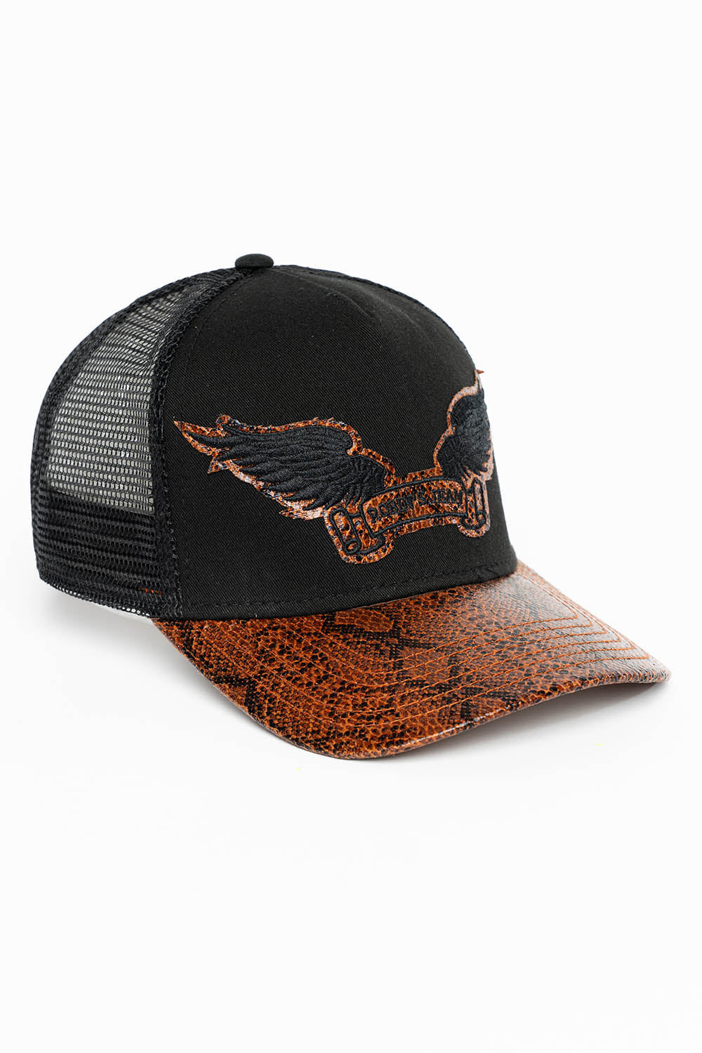 BLK/BROWN PYTHON TRUCKER HAT WITH ROBIN’S SIGNATURE WING LOGO