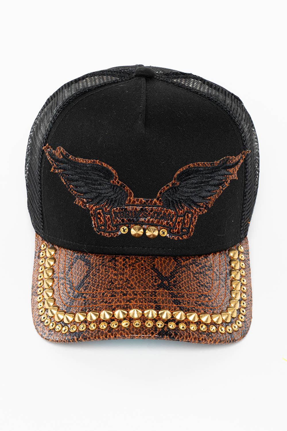 BLACK AND BROWN PYTHON TRUCKER HAT WITH ROBINS SIGNATURE WING AND CRYSTALS