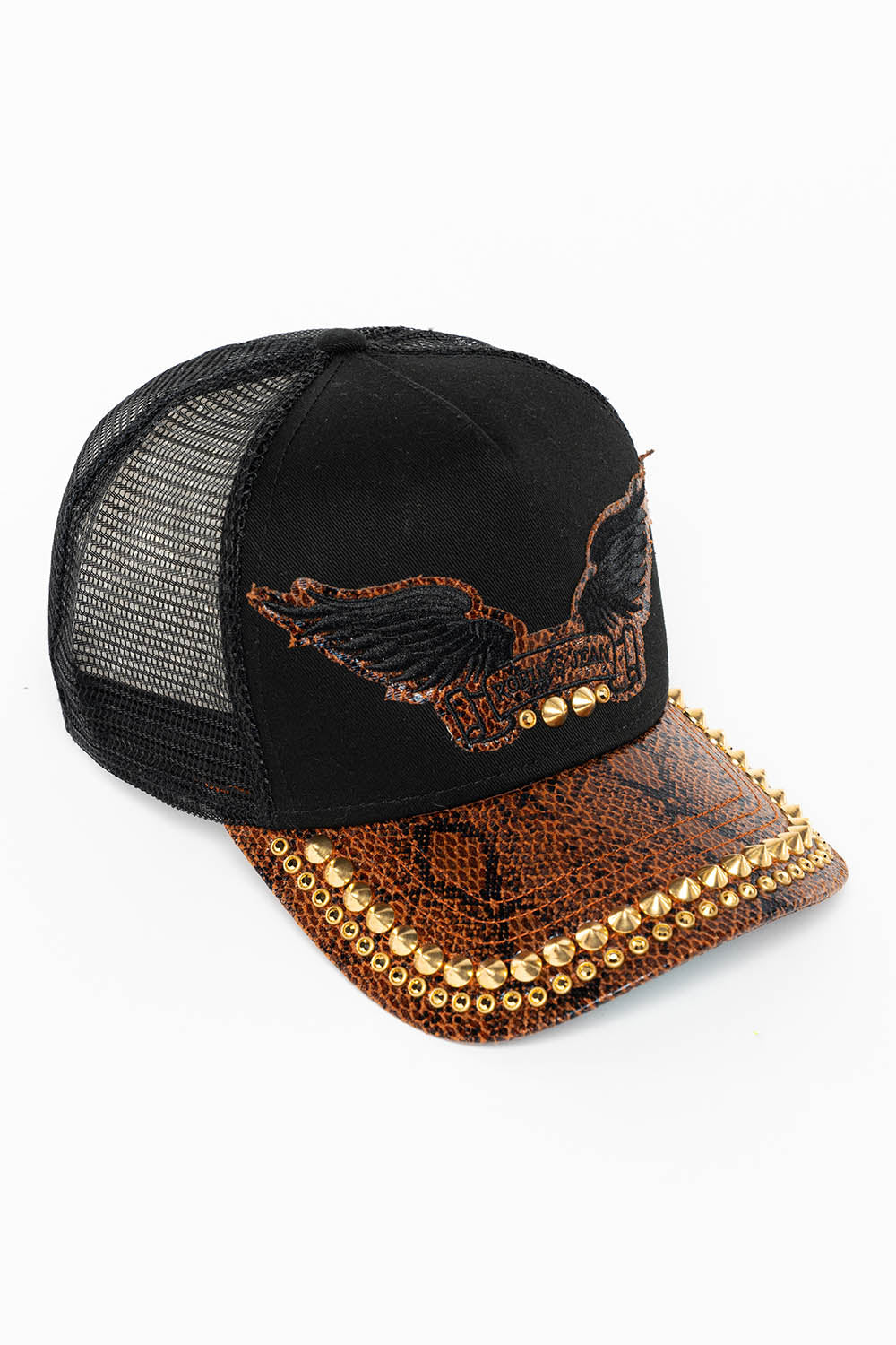BLACK AND BROWN PYTHON TRUCKER HAT WITH ROBINS SIGNATURE WING AND CRYSTALS