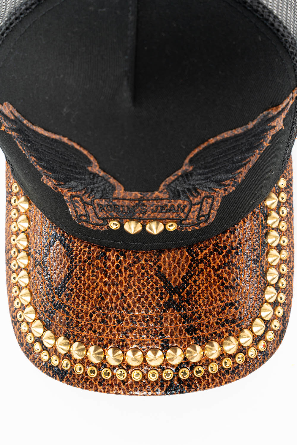 BLACK AND BROWN PYTHON TRUCKER HAT WITH ROBINS SIGNATURE WING AND CRYSTALS
