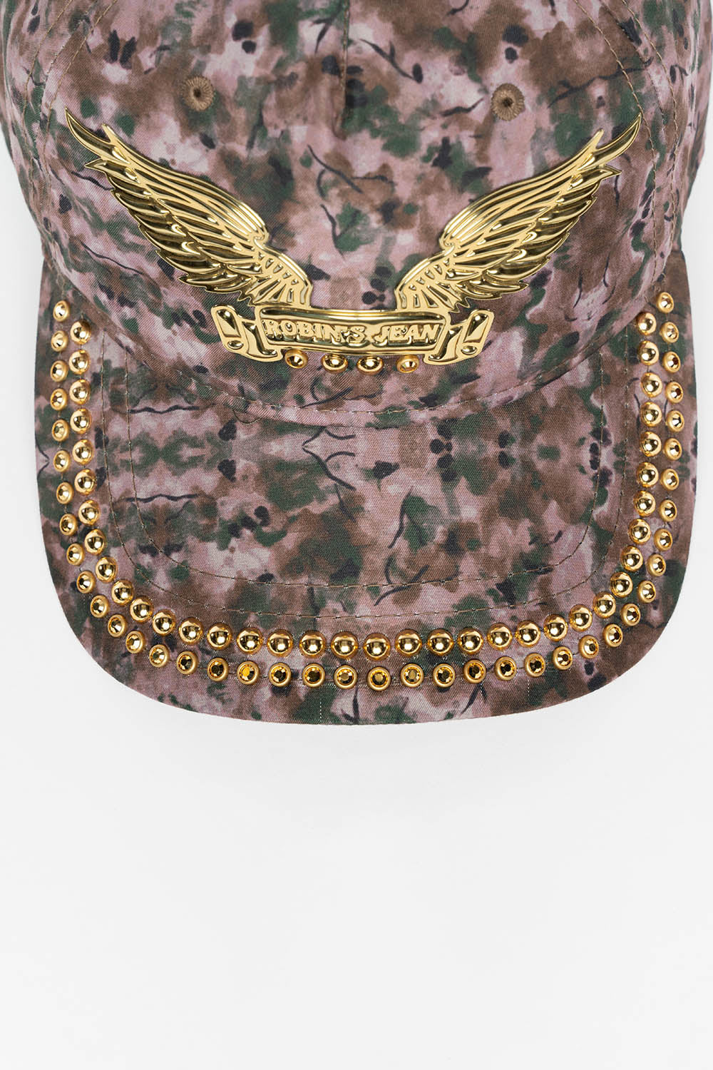 GREEN CAMO SNAPBACK HAT WITH GOLD EMBOSSED WINGS WITH GOLD EMBELLISHMENT