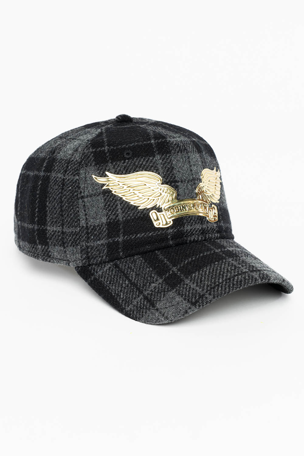 PLAID CAP IN CHARCOAL WITH GOLD EMBOSSED ROBIN’S SIGNATURE WING