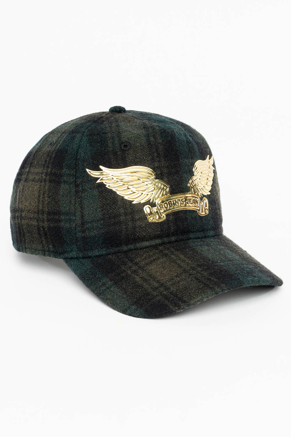 PLAID CAP IN GREEN WITH GOLD EMBOSSED ROBIN’S SIGNATURE WING