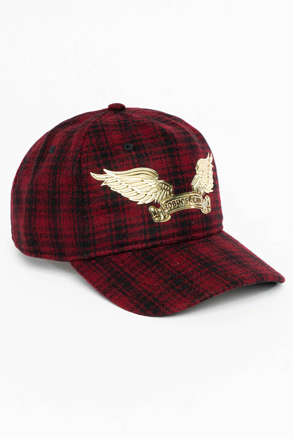 PLAID CAP IN RED WITH GOLD EMBOSSED ROBIN’S SIGNATURE WING