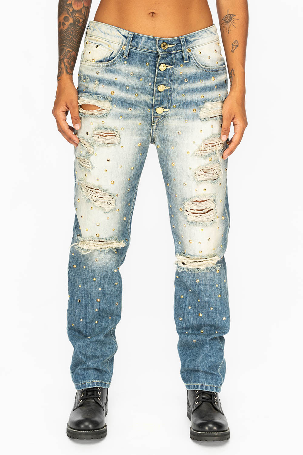 BOYFRIEND JEANS IN BLUE ELROY WASH BROKEN,DISTRESSED WITH GOLD NAILHEADS, GOLD STUDS AND & CRYSTALS