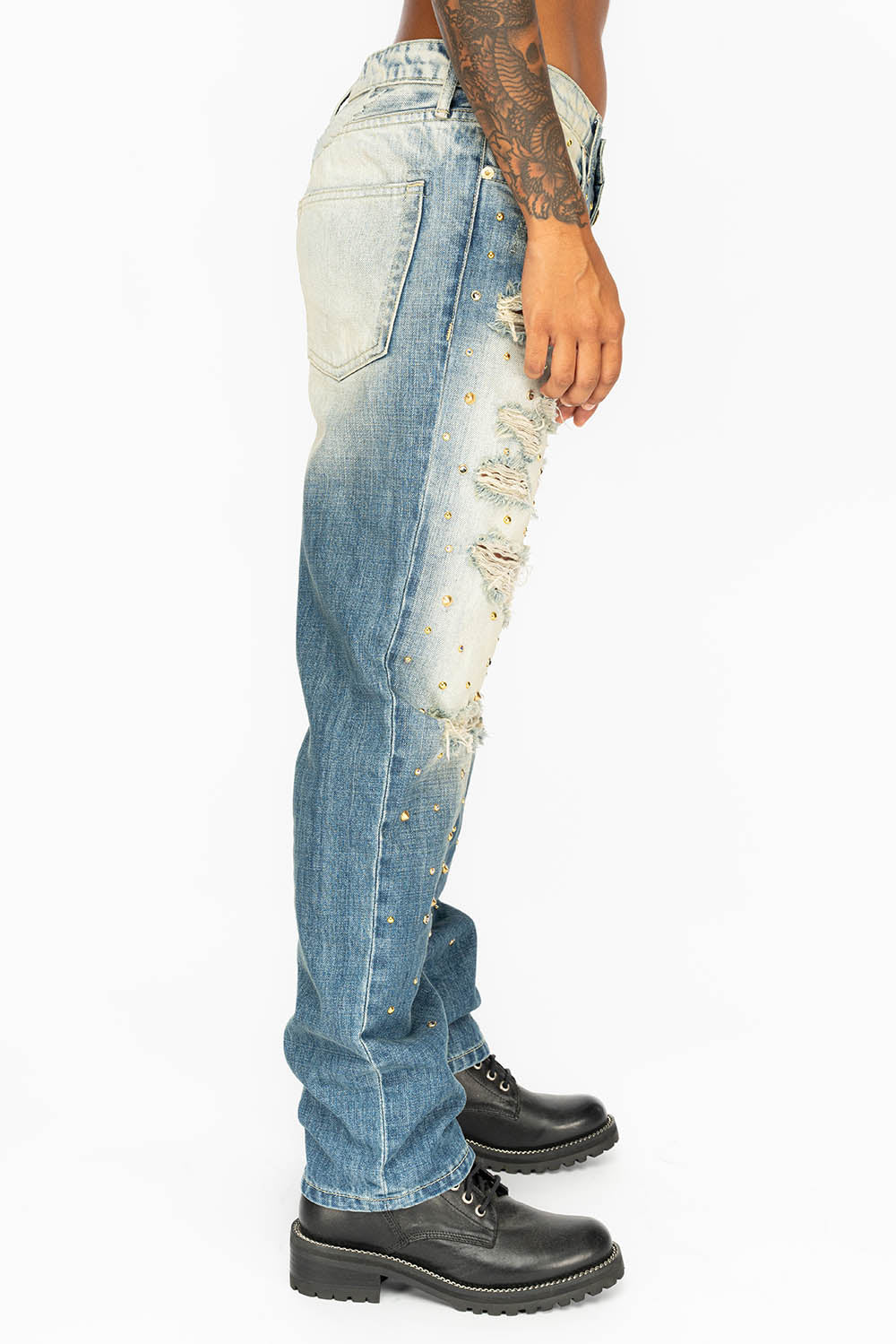 BOYFRIEND JEANS IN BLUE ELROY WASH BROKEN,DISTRESSED WITH GOLD NAILHEADS, GOLD STUDS AND & CRYSTALS