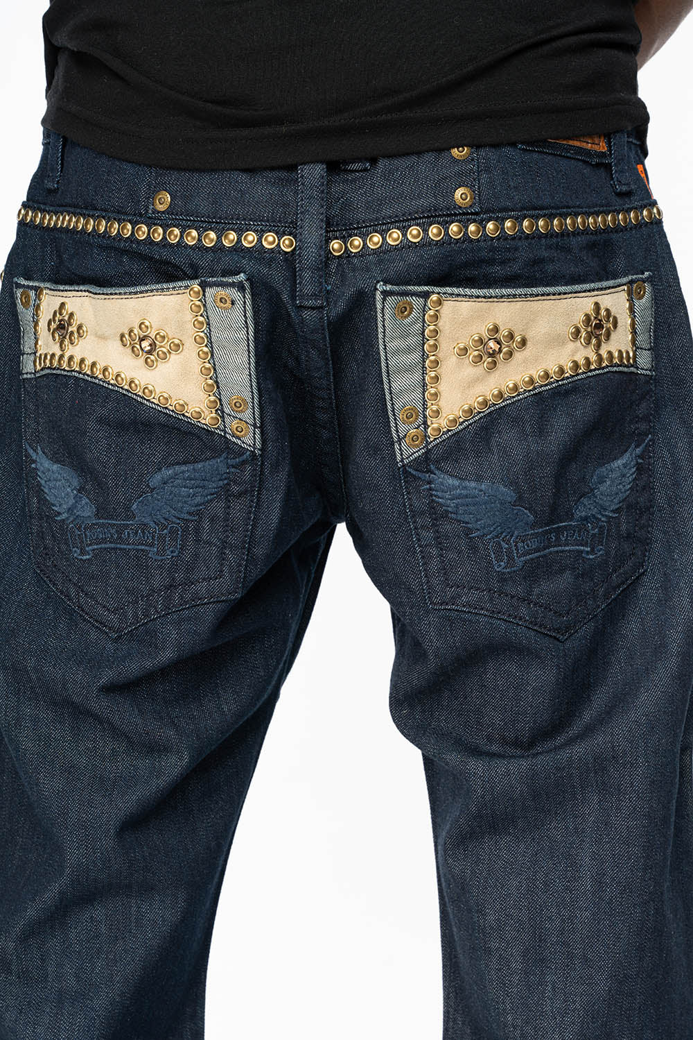 WESTERN BOOT CUT JEAN WITH ULTRA SUEDE INSERT POCKET EMBELLISHED WITH CRYSTALS AND NAILHEAD STUDS IN RINSE WASH