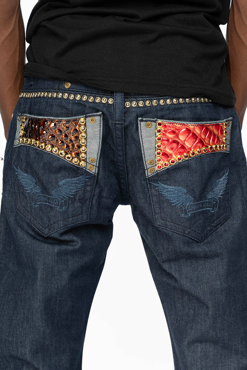 WESTERN BOOT CUT JEAN WITH VEGAN PATENT LEATHER POCKET EMBELLISHED WITH CRYSTALS AND NAILHEAD STUDS IN RINSE WASH