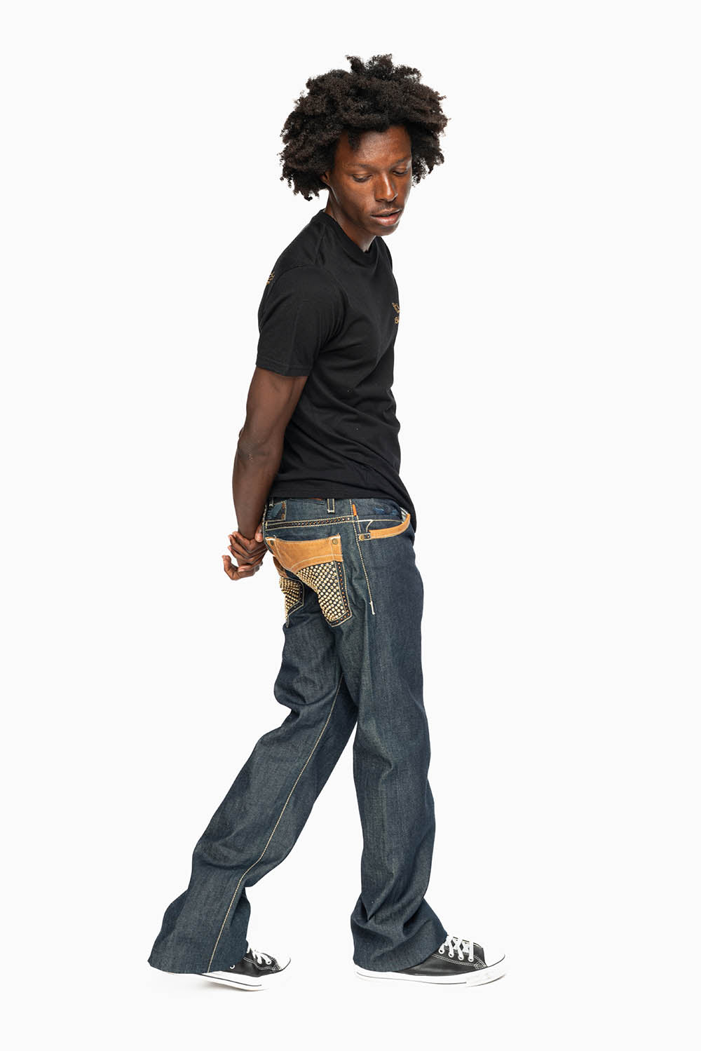 ROBIN’S BOOT CUT WESTERN JEAN IN RAW DENIM WITH COGNAC LEATHER INSERTS EMBELLISHED WITH CRYSTALS