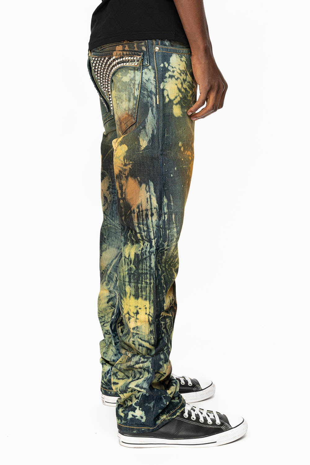KILLER FLAP STRAIGHT LEG JEANS WITH FULL CRYSTALS AND STUDS IN TOPANGA CANYON WASH