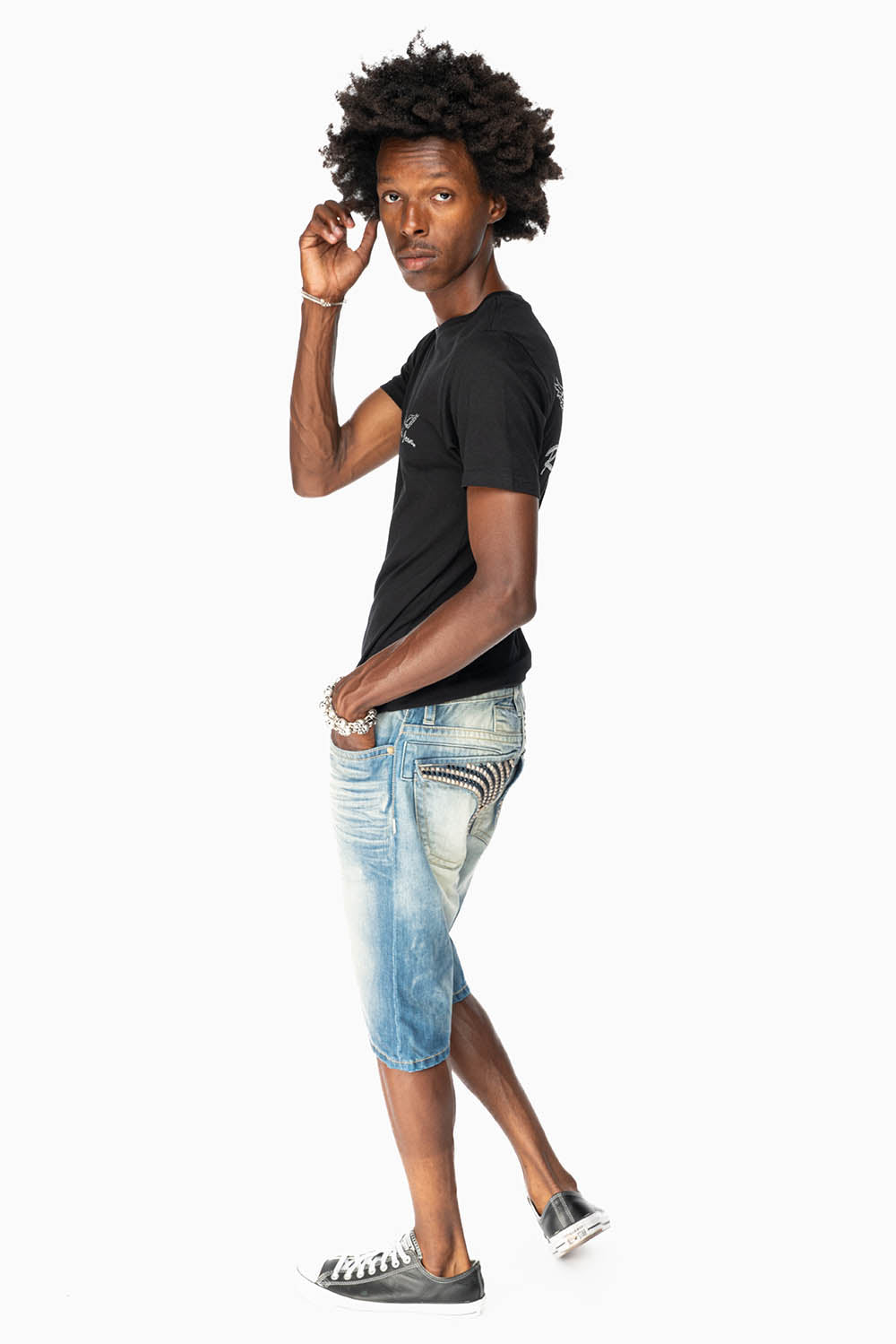 LIMITED EDITION MENS SHORTS WITH FLAP POCKETS IN OMAHA MEDIUM WASH WITH JET BLK CRYSTALS AND PYRAMID STUDS