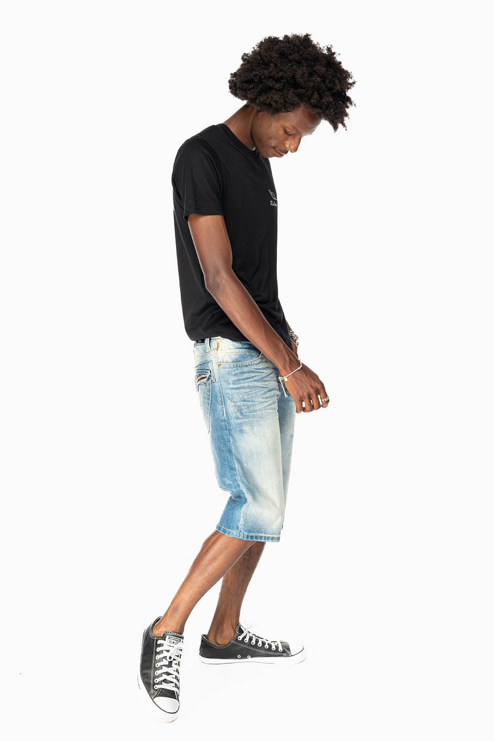 LIMITED EDITION MENS SHORTS WITH FLAP POCKETS IN OMAHA MEDIUM WASH WITH JET BLK CRYSTALS AND PYRAMID STUDS
