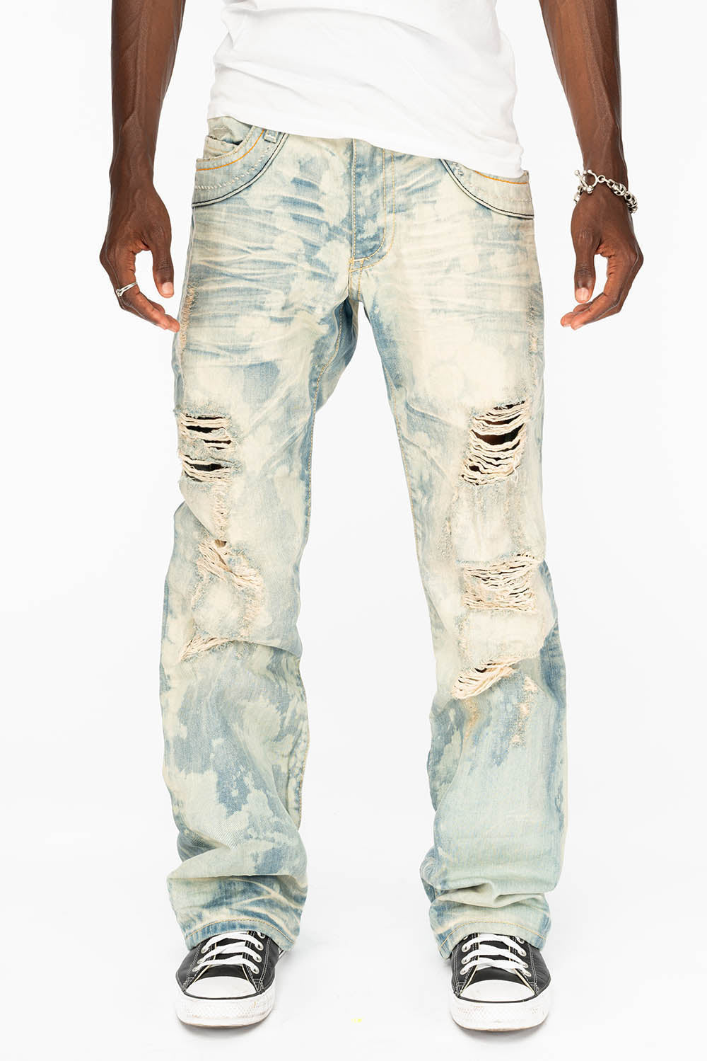 VINTAGE INDIGO DISTRESSED ,RIPPED JEAN IN MIWOK BROKEN WASH WITH ORANGE CRYSTALS