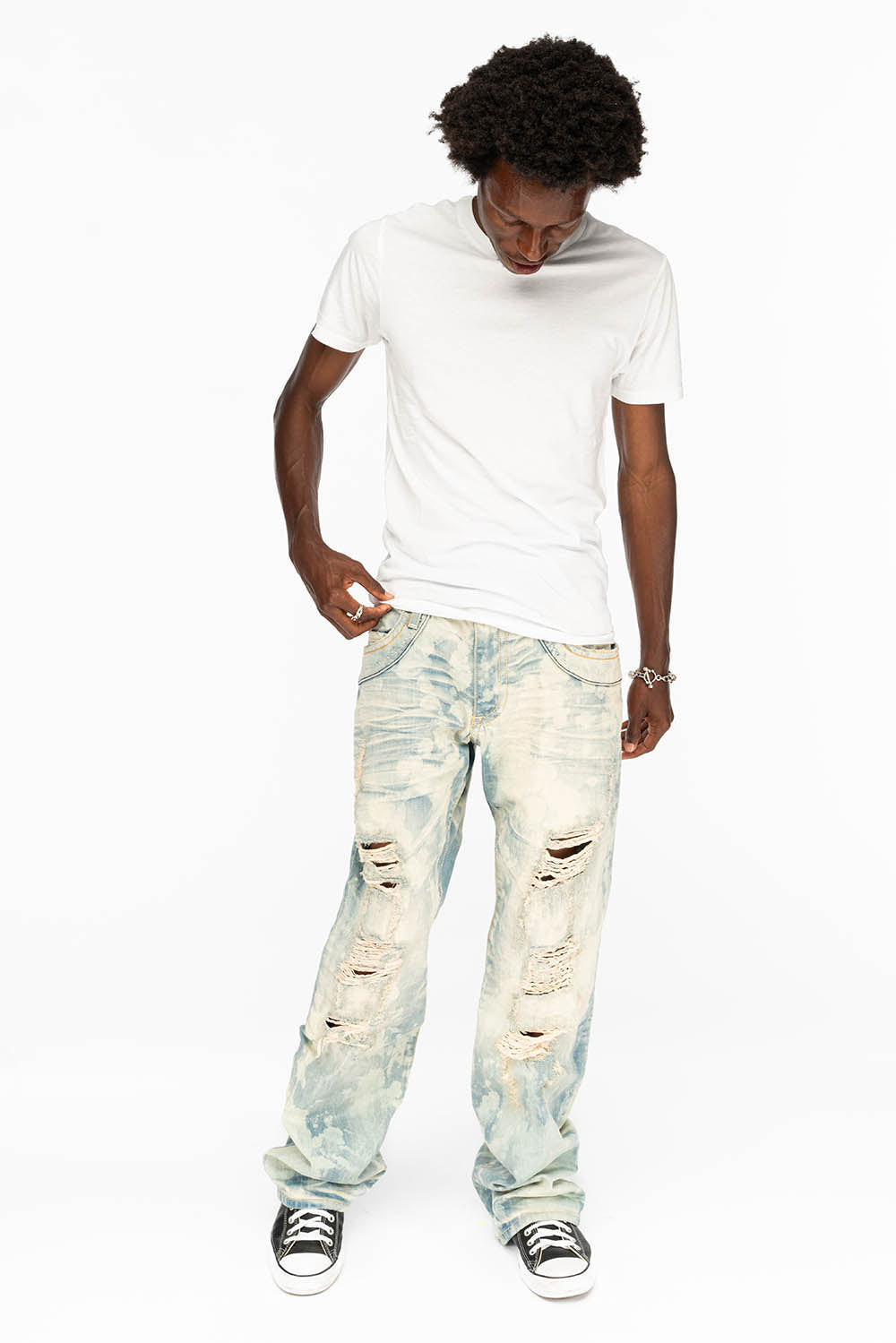 VINTAGE INDIGO DISTRESSED ,RIPPED JEAN IN MIWOK BROKEN WASH WITH ORANGE CRYSTALS