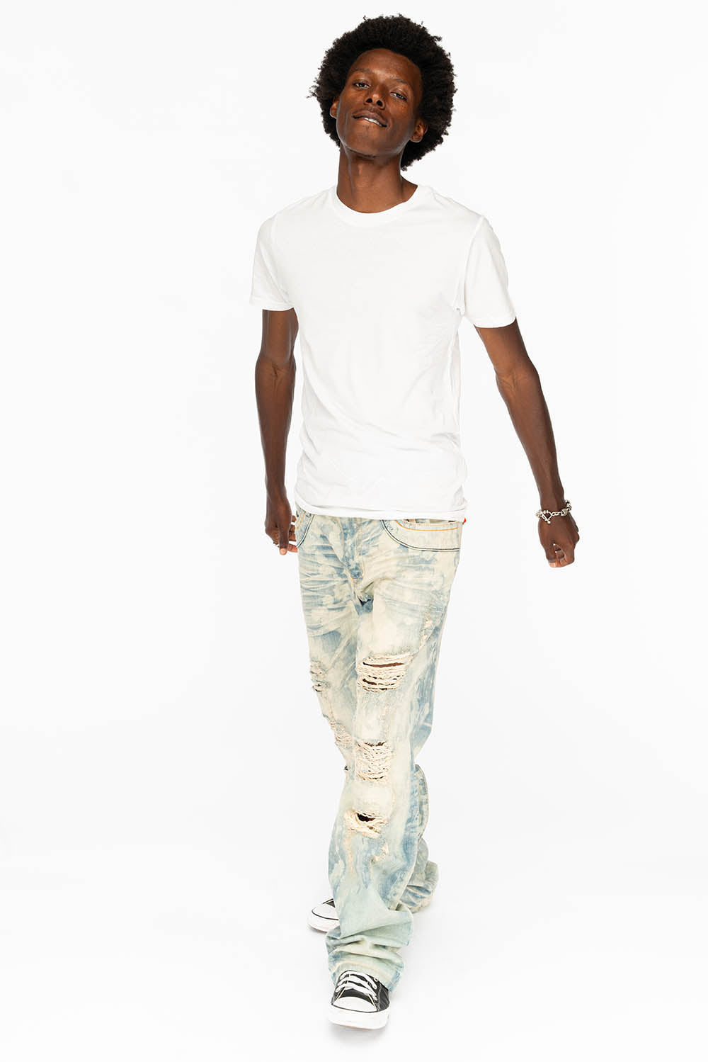 VINTAGE INDIGO DISTRESSED ,RIPPED JEAN IN MIWOK BROKEN WASH WITH ORANGE CRYSTALS