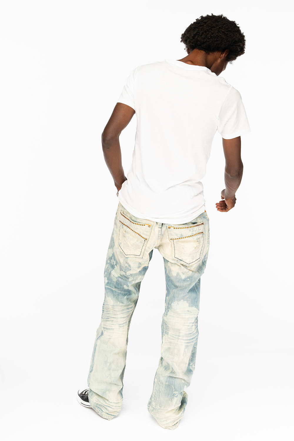 VINTAGE INDIGO DISTRESSED ,RIPPED JEAN IN MIWOK BROKEN WASH WITH ORANGE CRYSTALS