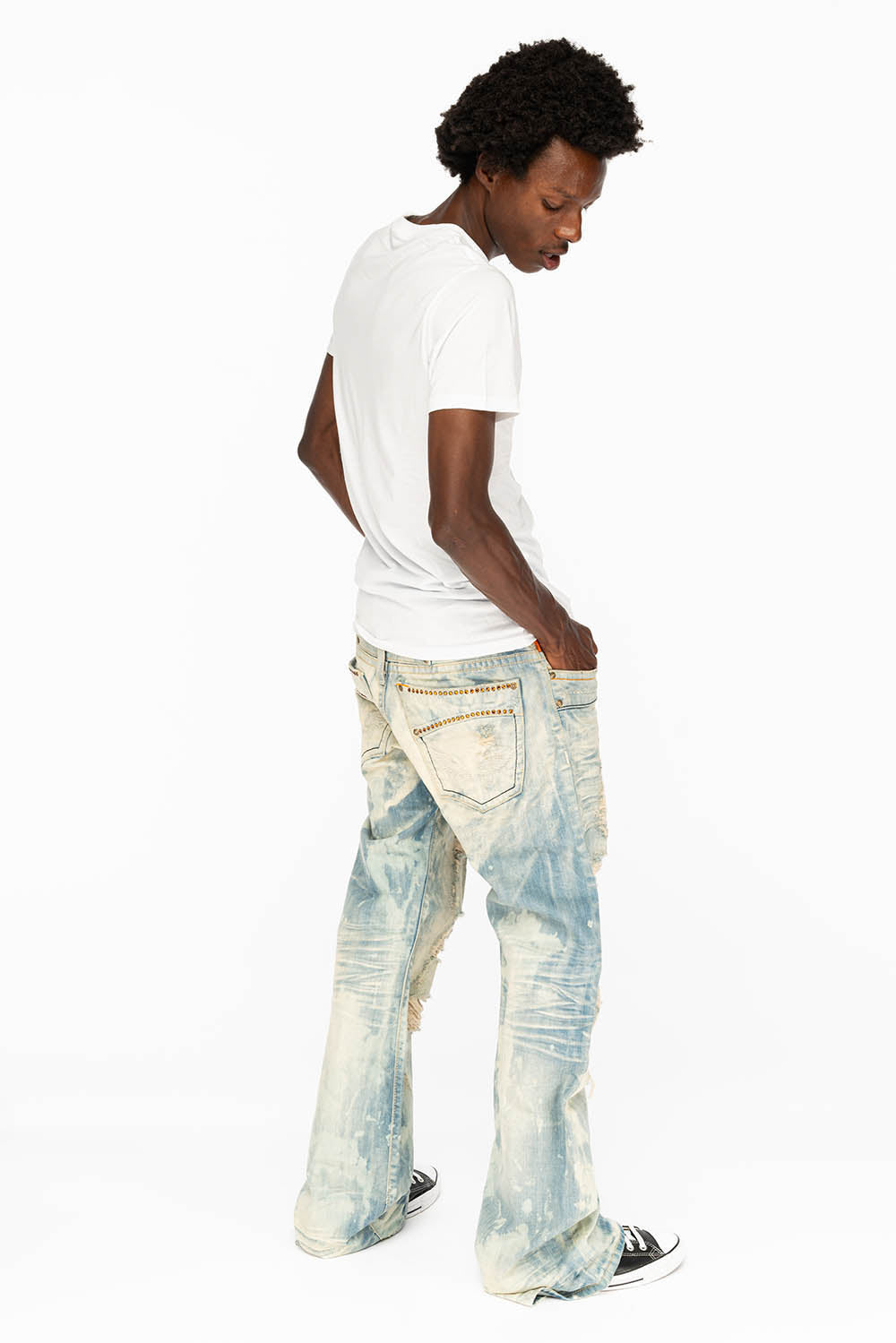 VINTAGE INDIGO DISTRESSED ,RIPPED JEAN IN MIWOK BROKEN WASH WITH ORANGE CRYSTALS