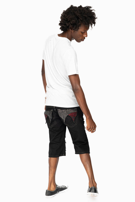MENS LIMITED EDITION DOUBLE FLAP DESTROYED SHORTS  IN PURE BLACK WASH WITH  CRYSTALS