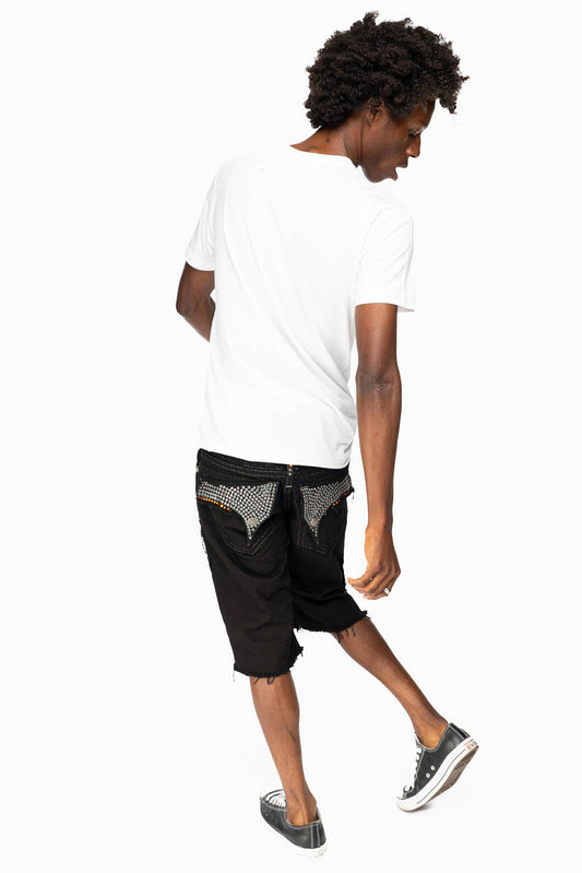 MENS LIMITED EDITION DESTROYED SHORTS WITH FLAP POCKET IN PURE BLACK WASH WITH  CRYSTALS