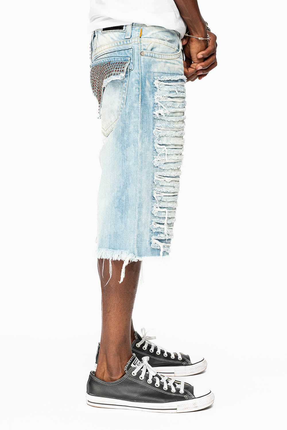 MENS LIMITED EDITION DESTROYED SHORTS WITH FLAP POCKET IN 5D LIGHT WASH WITH CRYSTALS