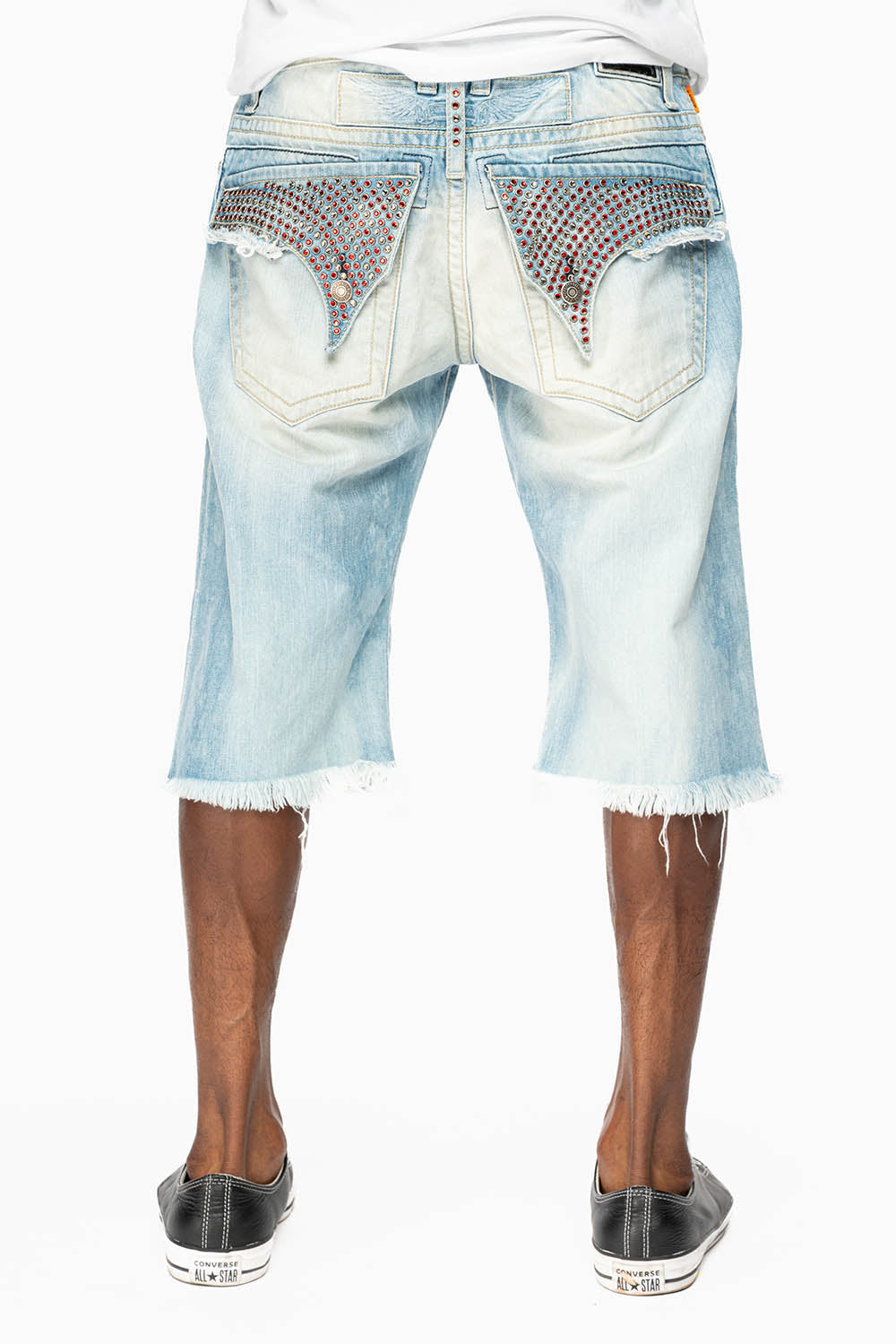 MENS LIMITED EDITION DESTROYED SHORTS WITH FLAP POCKET IN 5D LIGHT WASH WITH CRYSTALS