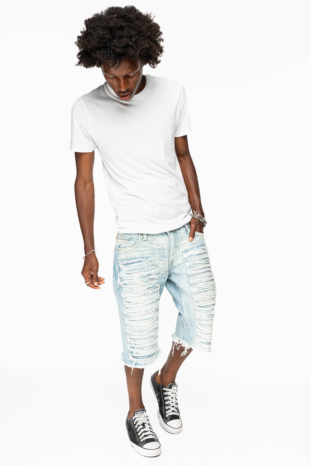 MENS LIMITED EDITION DESTROYED SHORTS WITH FLAP POCKET IN 5D LIGHT WASH WITH CRYSTALS