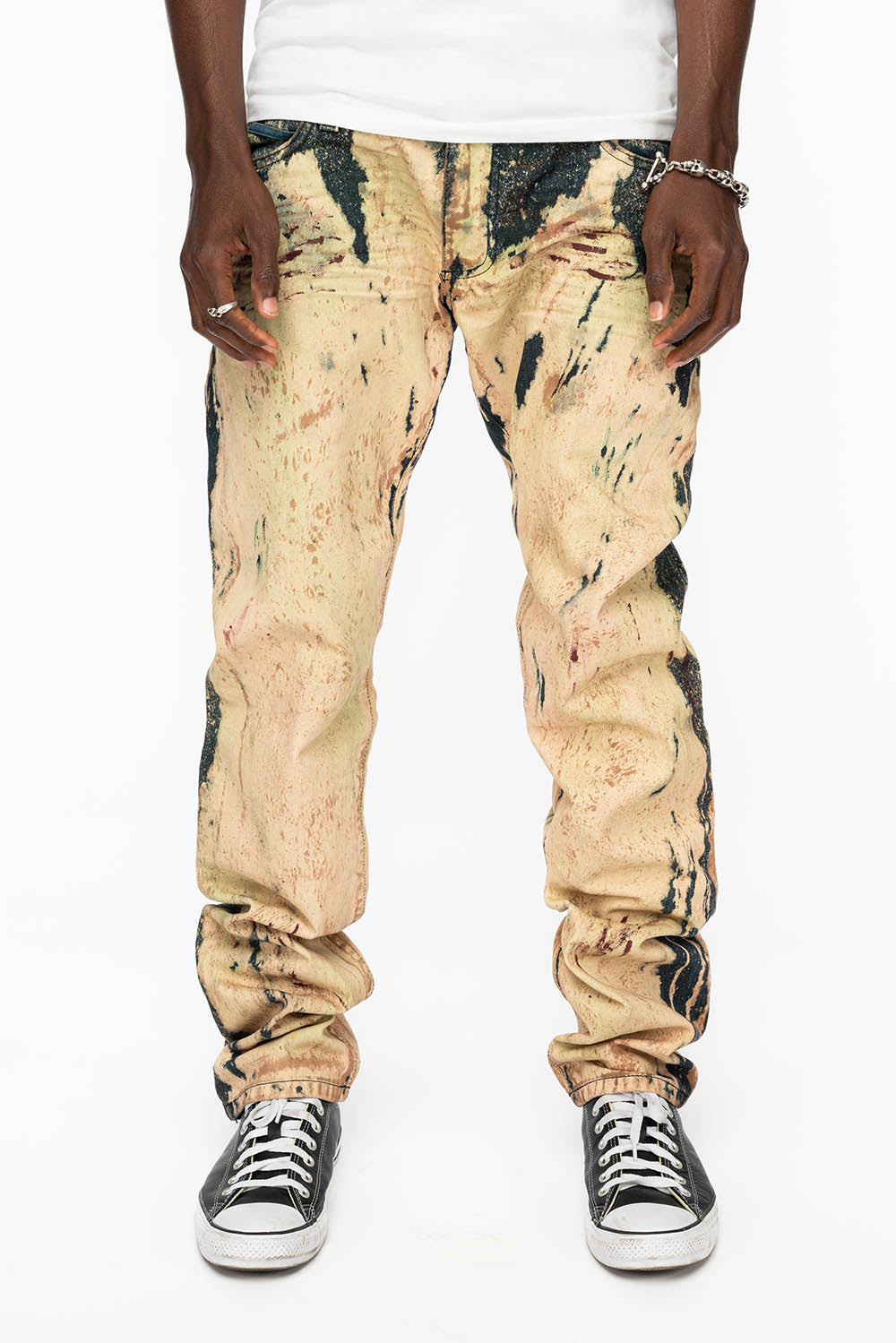 MENS FLAP POCKET SKINNY JEANS IN GRAFFITI WASH WITH CRYSTALS