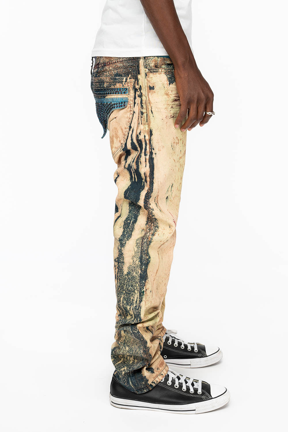 MENS FLAP POCKET SKINNY JEANS IN GRAFFITI WASH WITH CRYSTALS