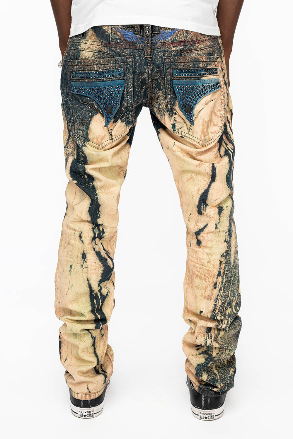 MENS FLAP POCKET SKINNY JEANS IN GRAFFITI WASH WITH CRYSTALS