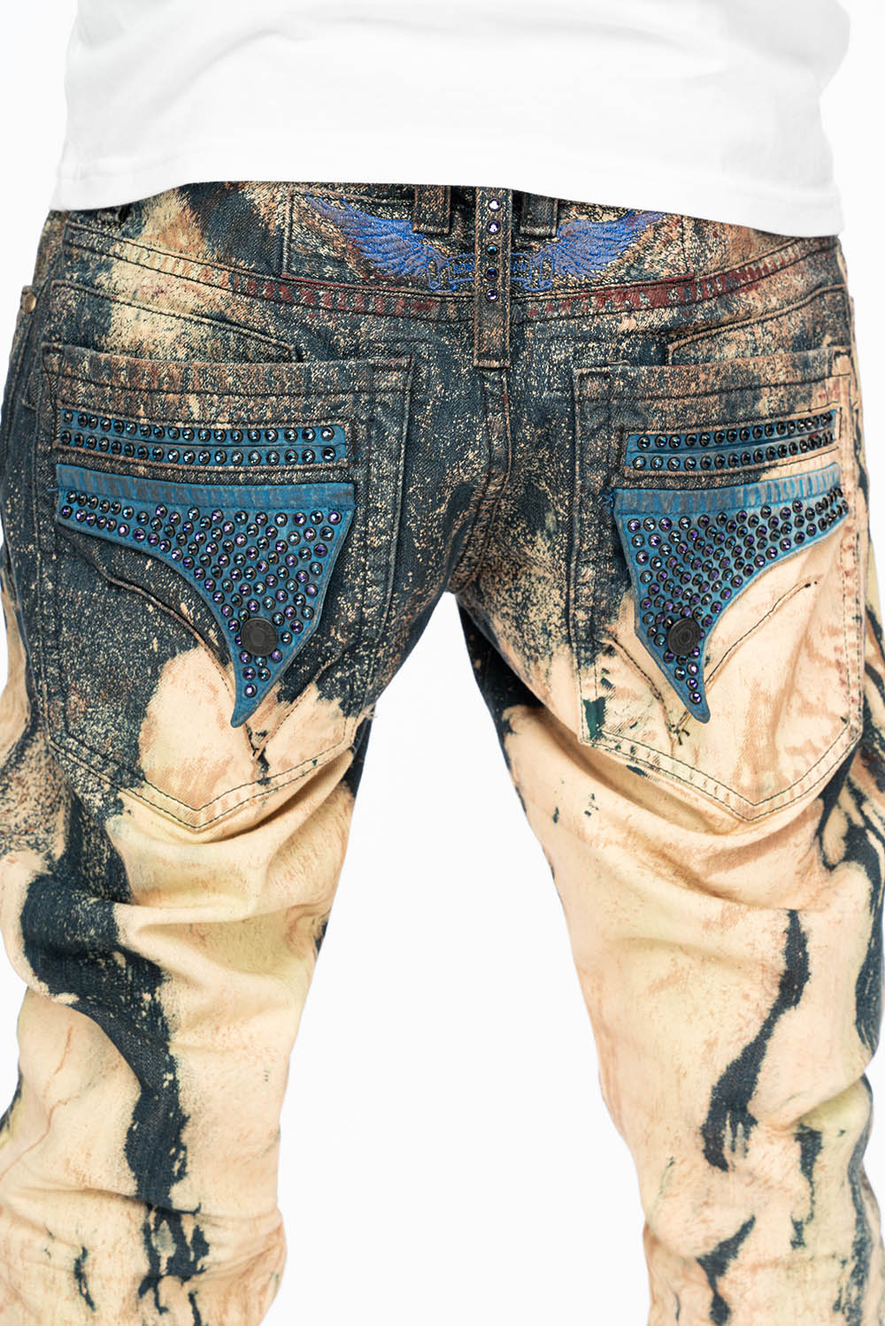 MENS FLAP POCKET SKINNY JEANS IN GRAFFITI WASH WITH CRYSTALS