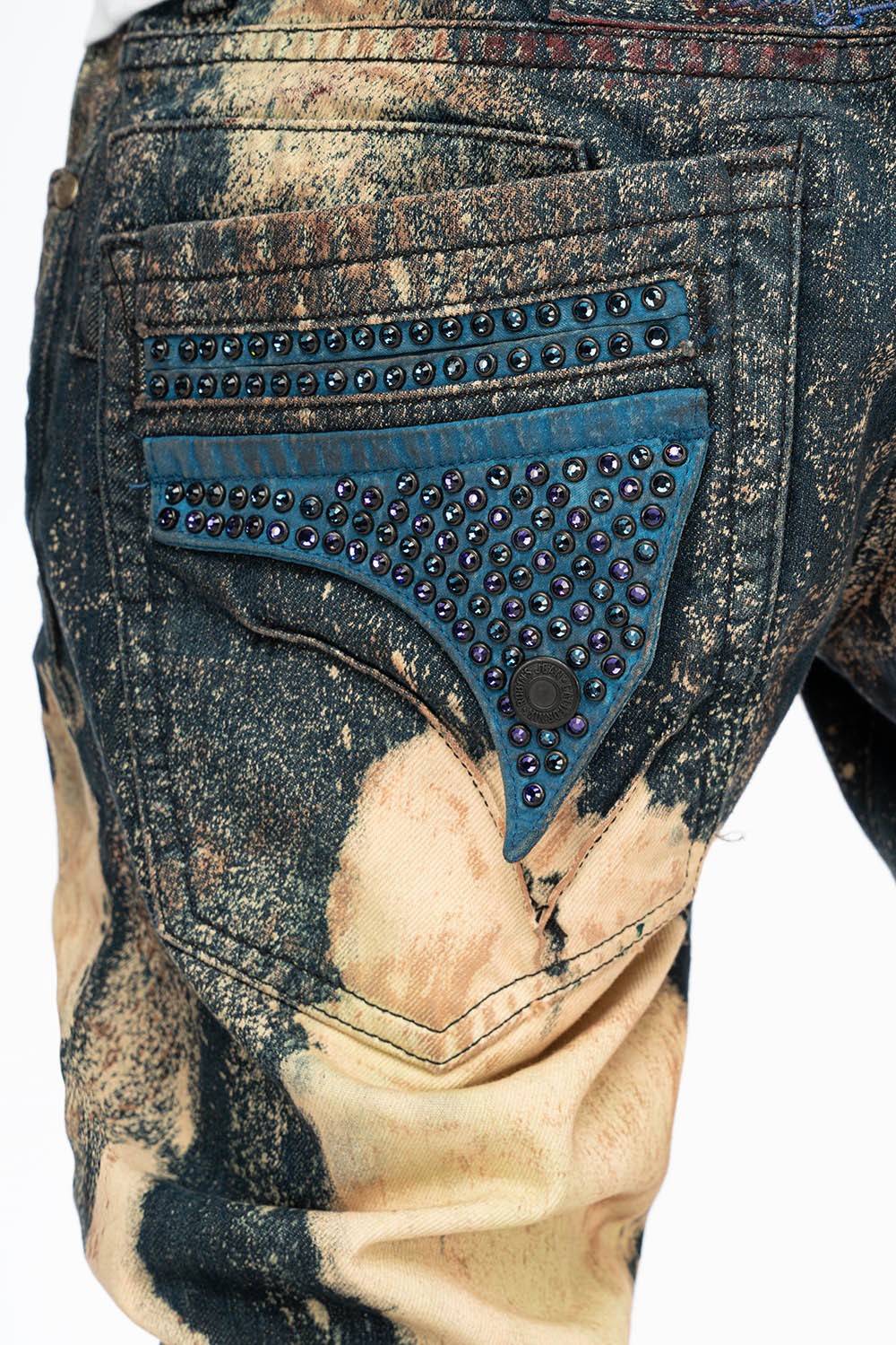 MENS FLAP POCKET SKINNY JEANS IN GRAFFITI WASH WITH CRYSTALS