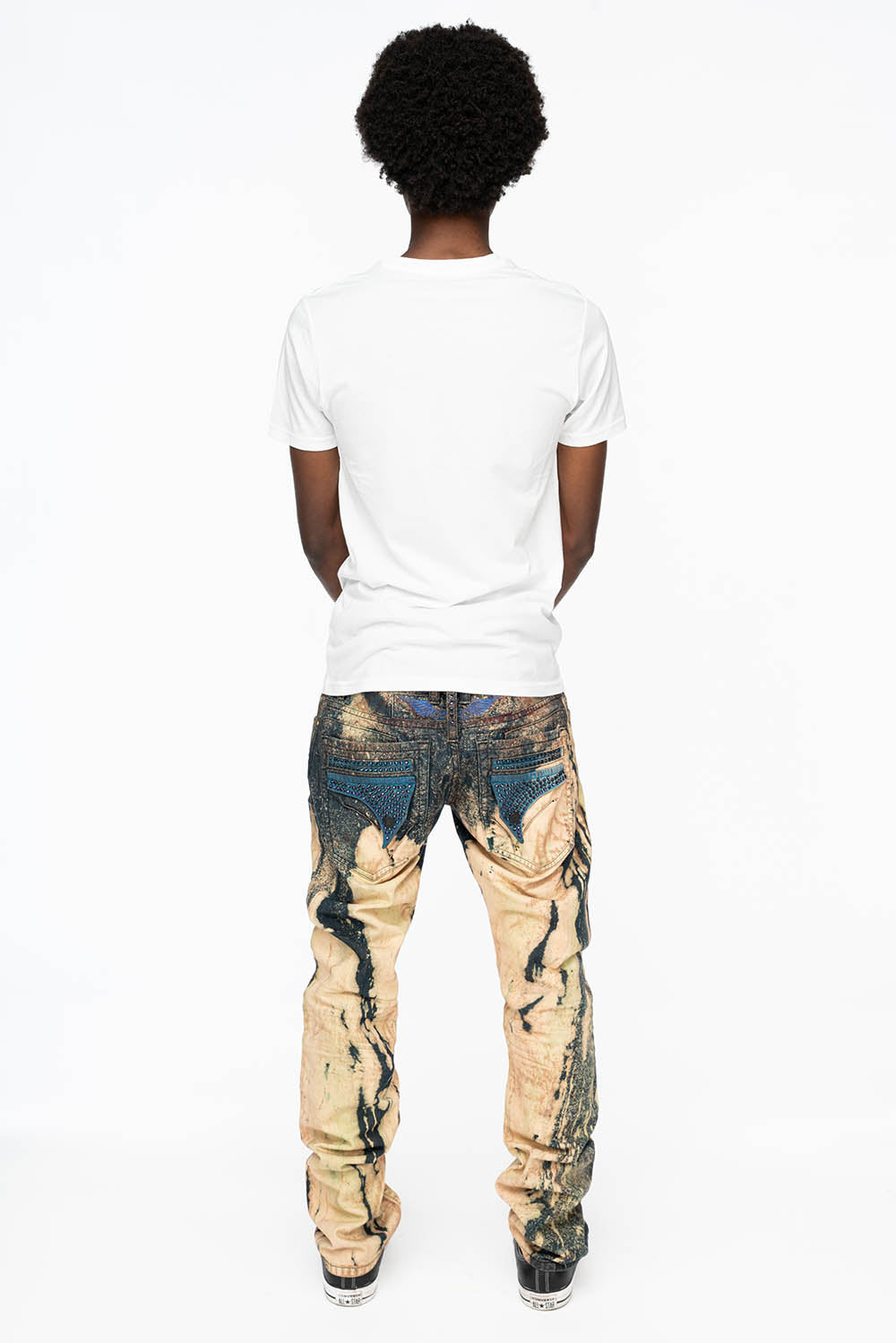 MENS FLAP POCKET SKINNY JEANS IN GRAFFITI WASH WITH CRYSTALS