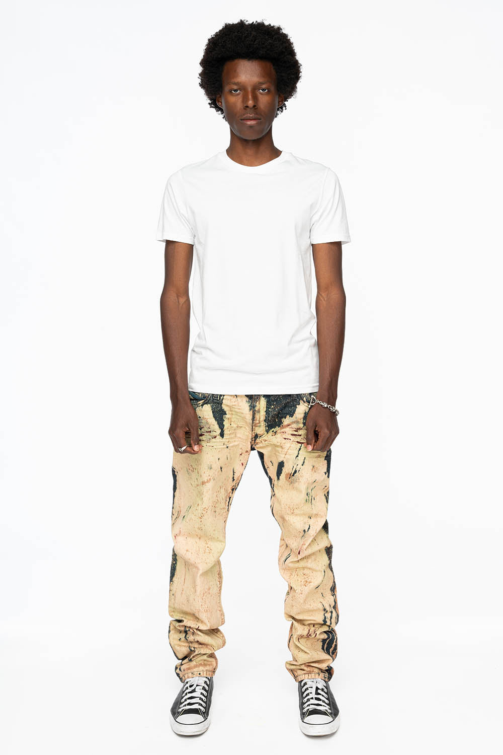 MENS FLAP POCKET SKINNY JEANS IN GRAFFITI WASH WITH CRYSTALS