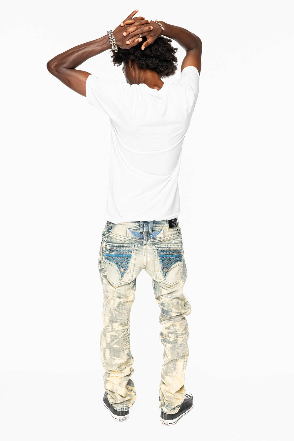 MENS FLAP POCKET SLIM JEANS IN NEW JAPAN LIGHT WASH WITH CRYSTALS