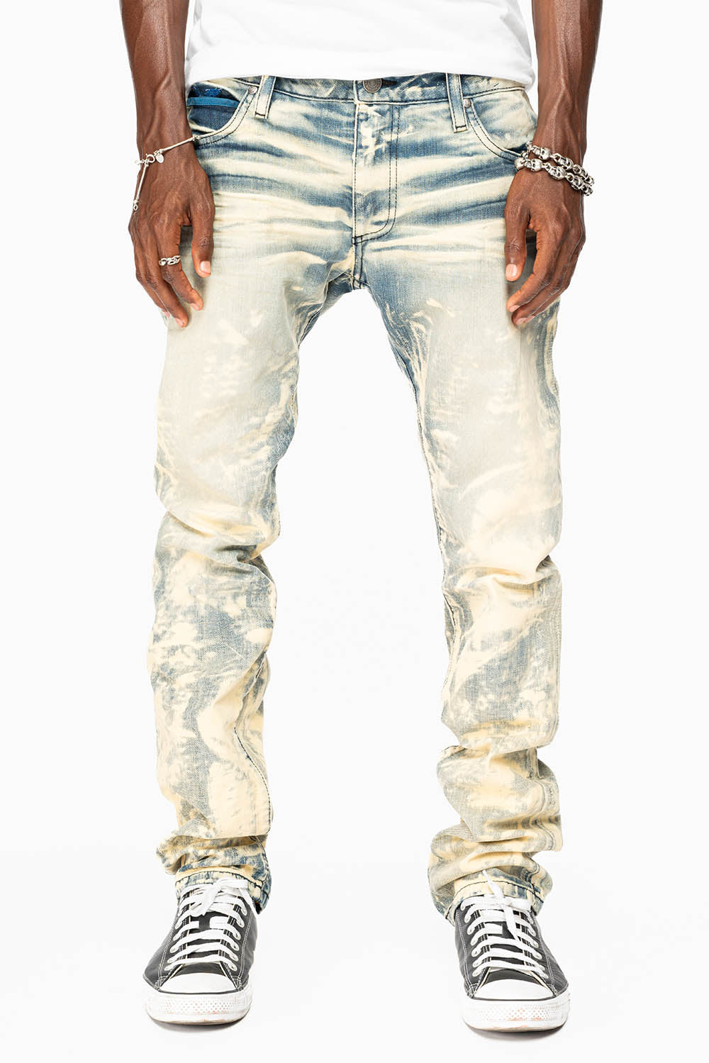 MENS FLAP POCKET SLIM JEANS IN NEW JAPAN LIGHT WASH WITH CRYSTALS