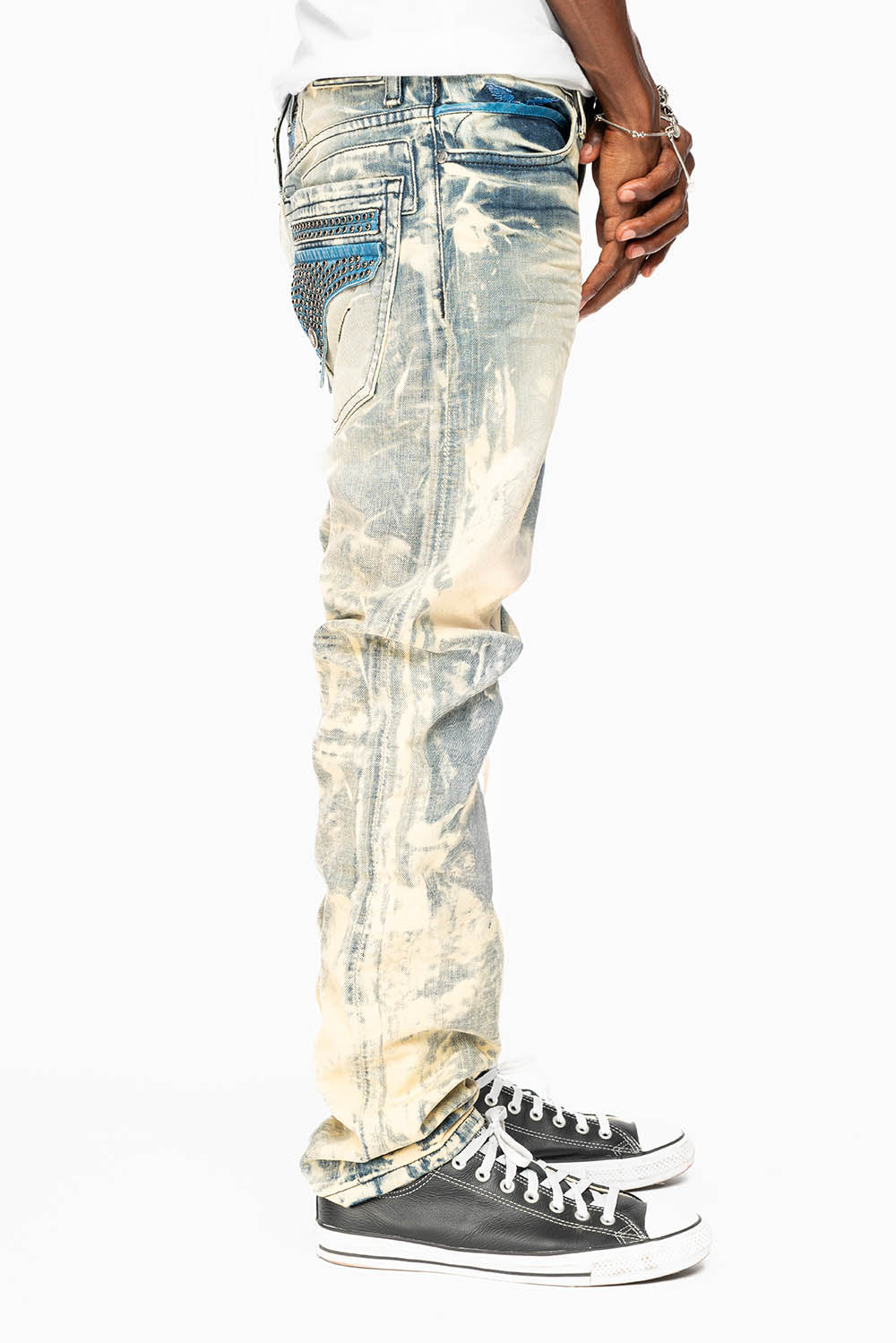 MENS FLAP POCKET SLIM JEANS IN NEW JAPAN LIGHT WASH WITH CRYSTALS